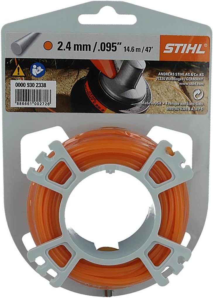 Filo per decespugliatore Stihl 2,4 mm .095" 14,6 m 47' arancione, confezione originale, per taglio erba e giardinaggio, alta qualità, made in USA, compatibile con vari modelli Stihl, codice prodotto 0000 930 2338.