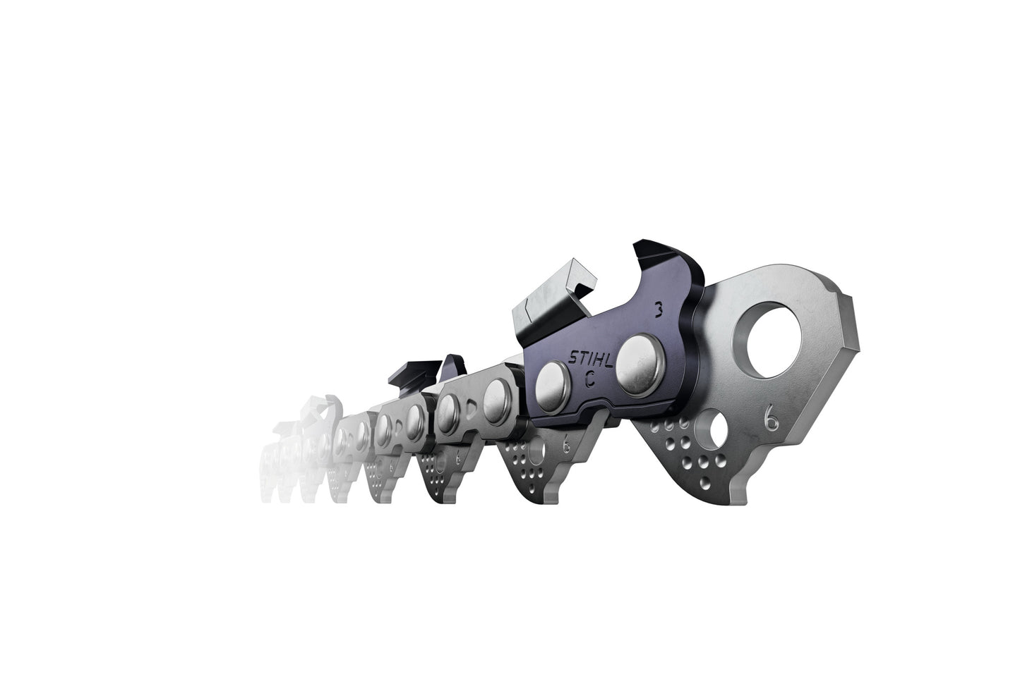 Dettaglio dei denti a piena sgorbia della catena STIHL Rapid Hexa su sfondo nero
