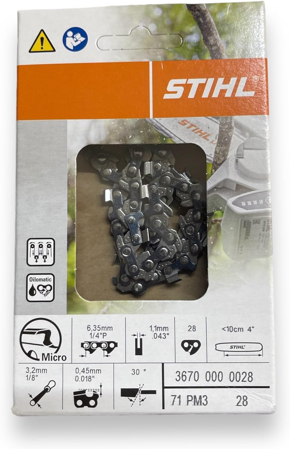 Catena per motosega STIHL Micro, passo 1/4" P, spessore 1,1 mm, 28 maglie, lunghezza barra <10 cm, ideale per taglio di precisione. Compatibile con sistema Oilomatic. Codice prodotto: 3670 000 0028.