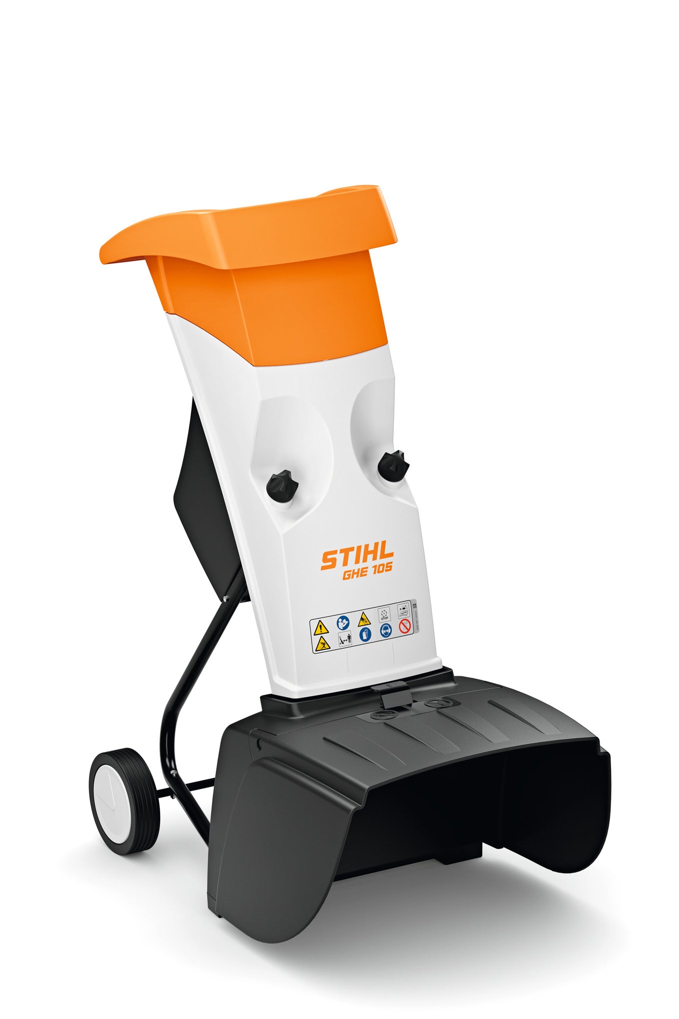 Vista del lato posteriore del biotrituratore Stihl GHE 105 con illustrazione del design compatto