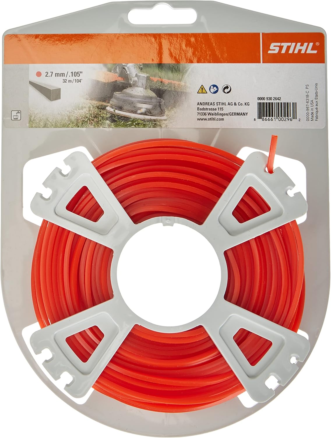 Filo per decespugliatore STIHL 2.7 mm 105", confezione da 32 metri, colore arancione, ideale per taglio erba e manutenzione giardino, alta resistenza e durata, prodotto originale STIHL, codice 0000 930 2642.
