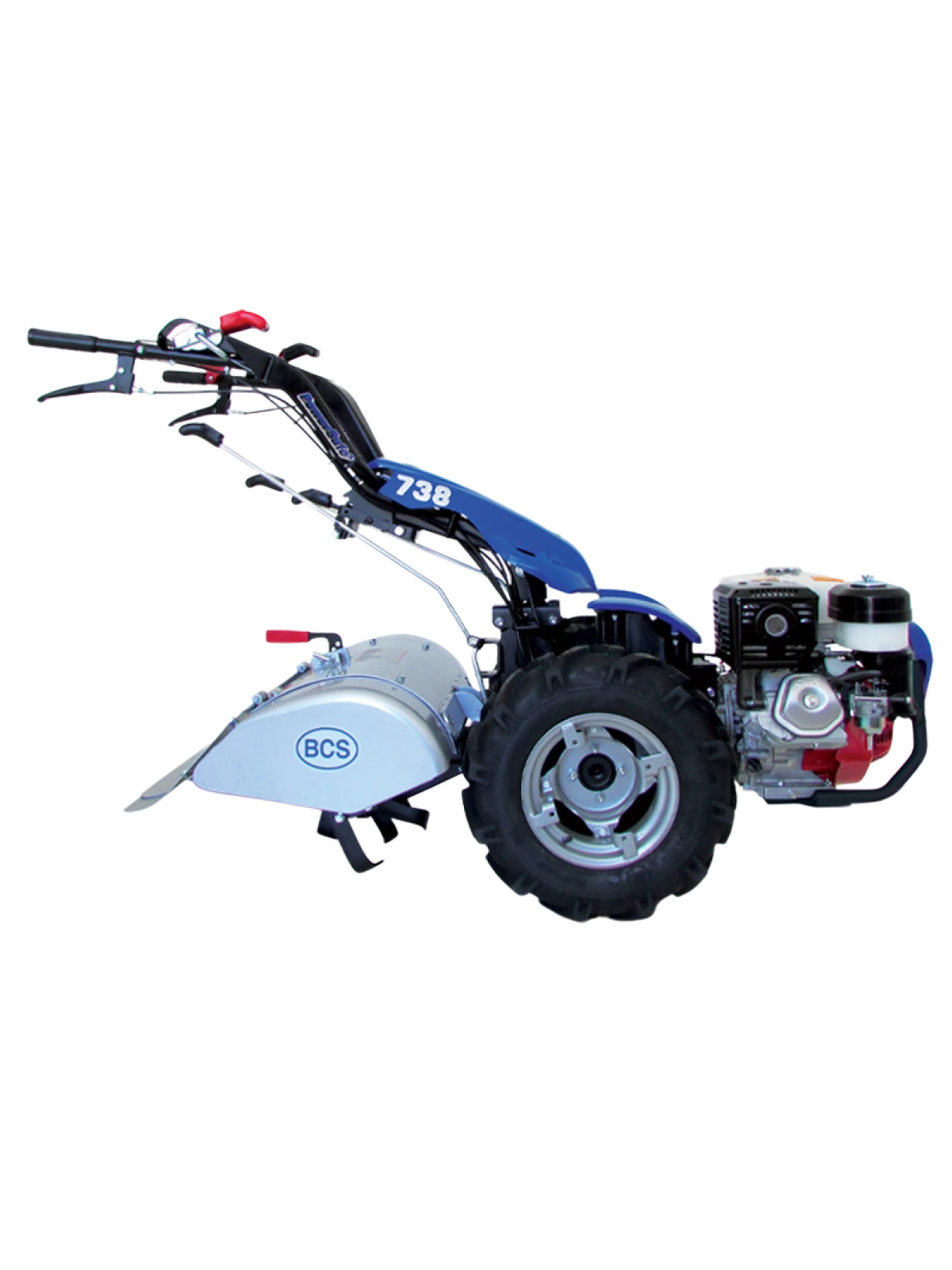 Motocoltivatore BCS PowerSafe 738 con attacco fresatrice e pneumatici robusti, ideale per lavori agricoli e di giardinaggio. Design in colore blu con motore a benzina visibile sulla destra.