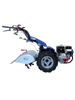 Motocoltivatore BCS PowerSafe 738 con attacco fresatrice e pneumatici robusti, ideale per lavori agricoli e di giardinaggio. Design in colore blu con motore a benzina visibile sulla destra.