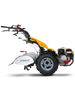 Motocoltivatore Pasquali SB38 PowerSafe giallo e nero con motore frontale e grandi ruote, progettato per lavori agricoli intensivi. Dotato di manubrio ergonomico con comandi di sicurezza e protezione sulla fresa, garantisce prestazioni elevate e affidabilità su vari tipi di terreno.
