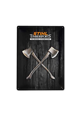 Targa in metallo per Timbersports, vista frontale con design di alta qualità e quattro fori per fissaggio a parete