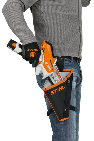 Vista laterale della fondina Stihl con cinghia regolabile e pannello rinforzato