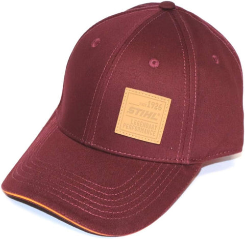 Cappellino da baseball STIHL bordeaux con visiera curva, etichetta in pelle con logo 