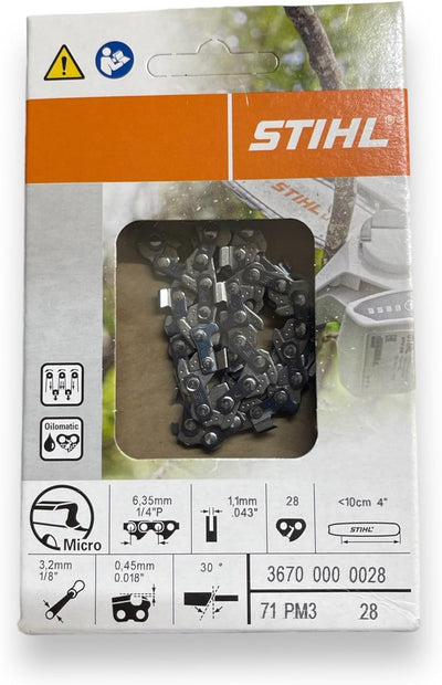 Catena per motosega STIHL Micro, passo 1/4" P, spessore 1,1 mm, 28 maglie, lunghezza barra <10 cm, ideale per taglio di precisione. Compatibile con sistema Oilomatic. Codice prodotto: 3670 000 0028.