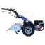 Motocoltivatore BCS PowerSafe 738 con attacco fresatrice e pneumatici robusti, ideale per lavori agricoli e di giardinaggio. Design in colore blu con motore a benzina visibile sulla destra.