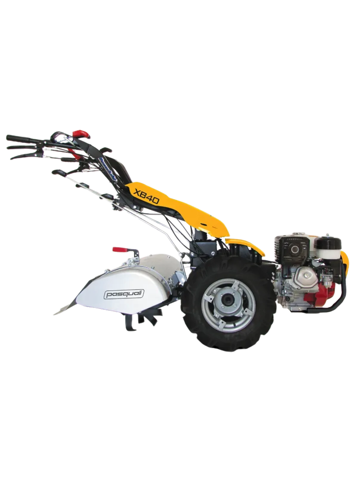 Motocoltivatore Pasquali XB40 giallo e nero con motore frontale e grandi ruote, ideale per lavori agricoli su terreni difficili. Dotato di manubrio ergonomico e copertura protettiva sulla fresa, perfetto per garantire prestazioni elevate e sicurezza in campo.